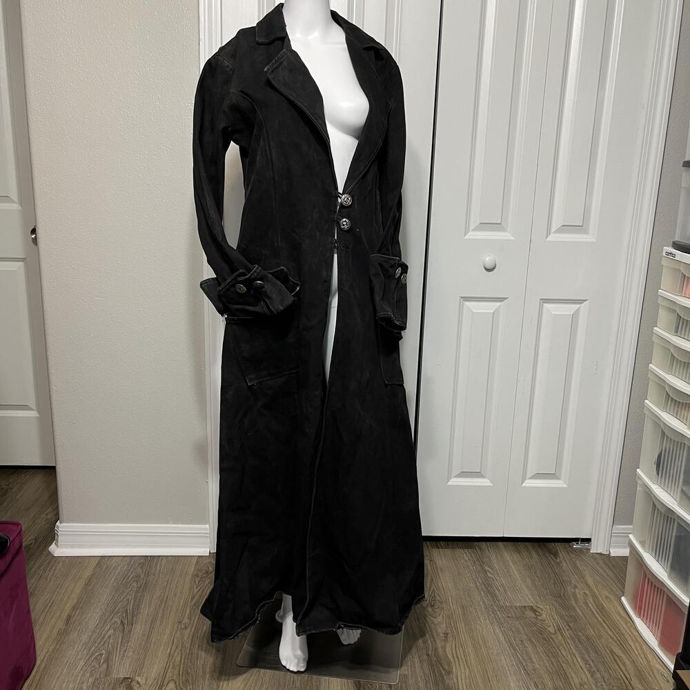 Red Balls on Fire Trench Coat Vintage Black Denim Long Duster Gothic Steampunk